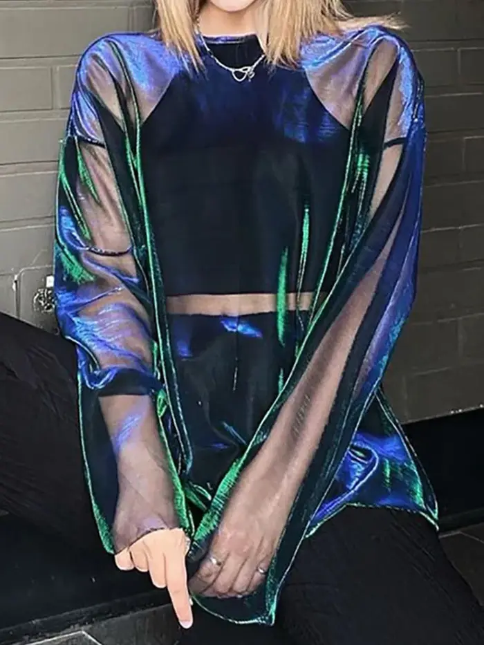 T-shirt à manches longues à col rond transparent pour femmes