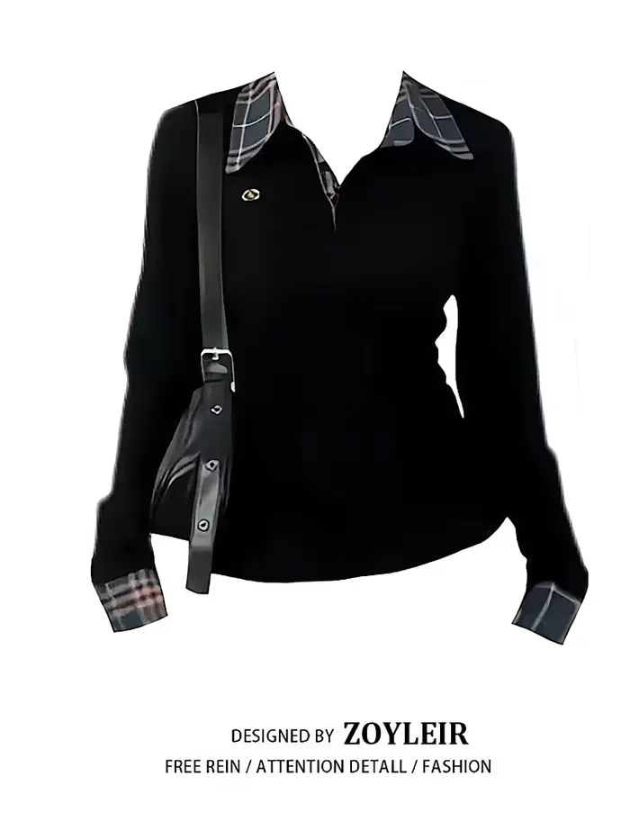 T-shirt à col polo à carreaux à manches longues pour femme