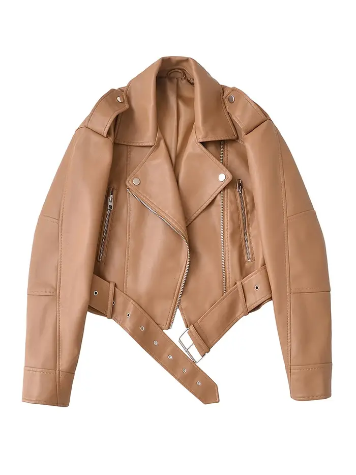 Ailegogo printemps automne femmes Faux cuir Pu veste courte avec ceinture moto motard femme fermeture éclair revers mant