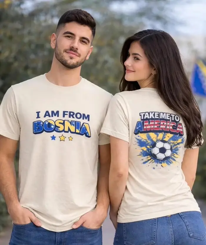 T-shirt de supporter de football de Bosnie « I Am From Bosnia Take Me To America » – Collection été 