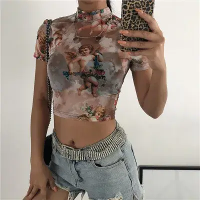 T-shirt manches courtes col haut femme