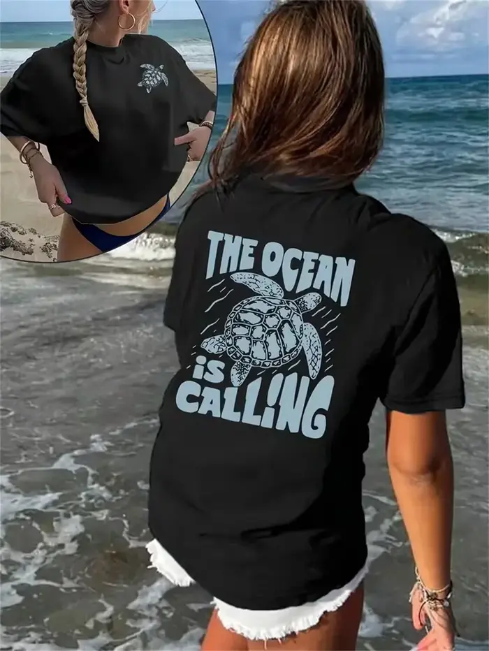 T-shirt à manches courtes pour femmes, imprimé tortue, col ras du cou, doux, écologique, décontracté, à la mode, pour l'été