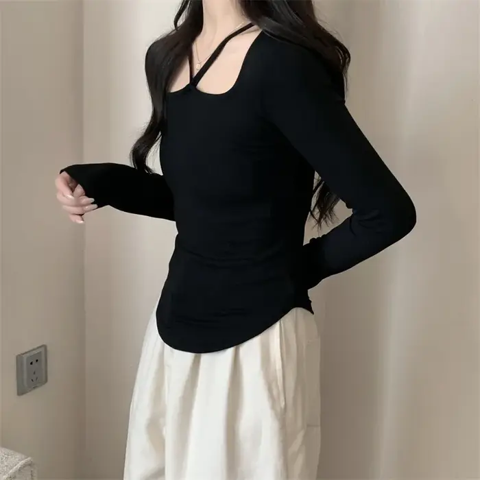 T-shirt court pour femmes en automne, nouvelle chemise à manches longues, coupe cintrée, haut tendan