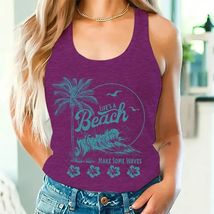 T-shirt décontracté sans manches pour femme « Life's A Beach Make Some Waves »
