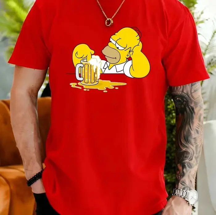 T-shirt décontracté à manches courtes pour hommes, famille Simpsons, motif imprimé Homer buvant de l