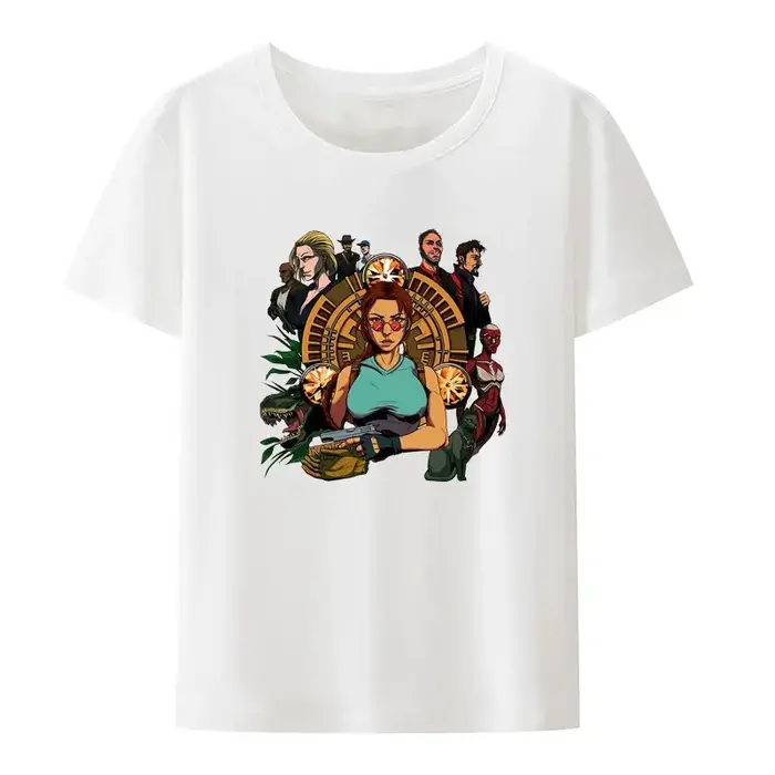 Tomb Raider Lara Croft noir blanc imprimé t-shirt hommes femmes à manches courtes col rond mode Streetwear créatif populaire Hipster chemise