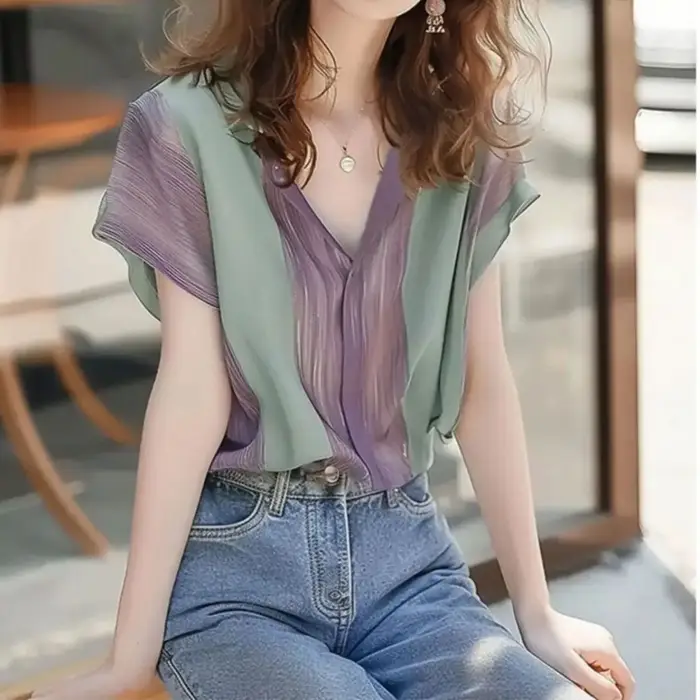 Chemise à manches courtes épissée à rayures violettes françaises, haut ample, polyvalent, élégant et