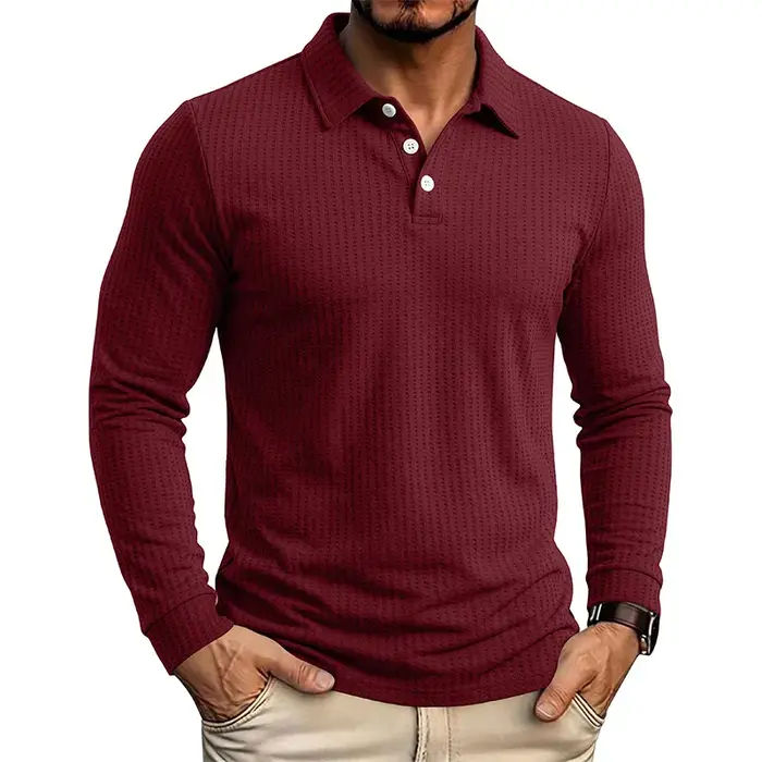 Polo à manches longues en tricot gaufré pour homme, couleur unie, boutonné, décontracté, pour l'auto