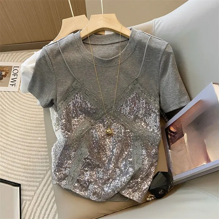 Faux 2 pièces t-shirt pour femmes printemps été dentelle Patchwork T-shirts mode coréenne doux à manches courtes Ropa De Mujer