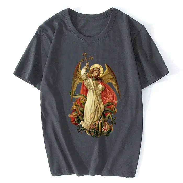 Saint Michael détruire le diable catholique chrétien T-shirt hommes coton à manches courtes
