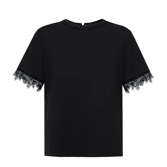 T-shirt femme Amii 2026 Nouvelle collection été Col rond avec empiècements en dentelle Couleur unie Élégant Haut à manches courtes 12642068