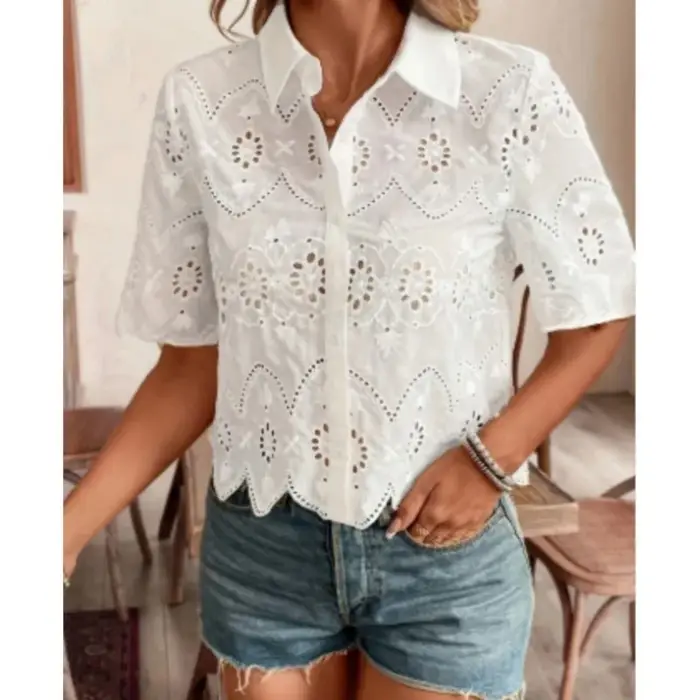 Femmes blanc chemise élégante mode crochet fleur creux à manches courtes hauts chemises