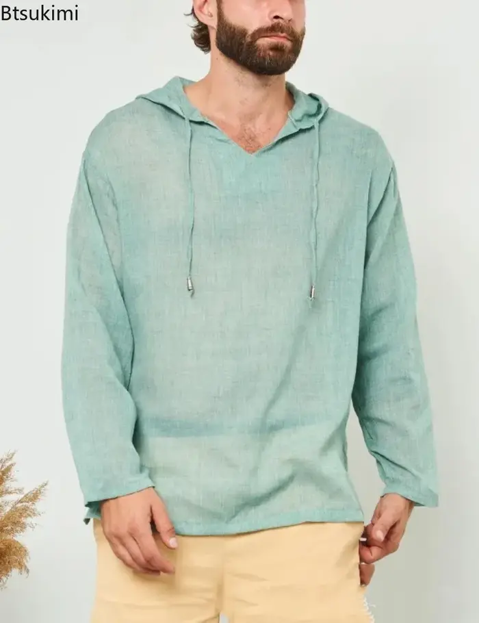 Chemise à capuche en lin et coton pour homme