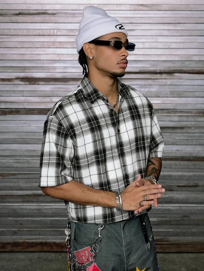 Chemises à carreaux surdimensionnées pour hommes, chemise décontractée à col classique noir et blanc