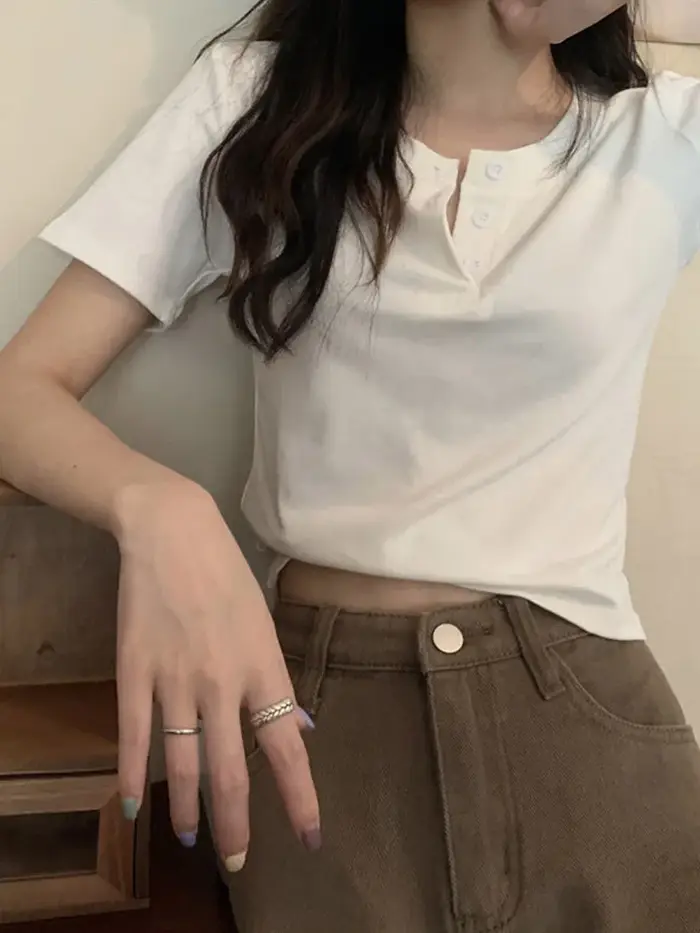 Femmes t-shirt bouton ouvert à manches courtes haut court dames vêtements 2024 solide basique
