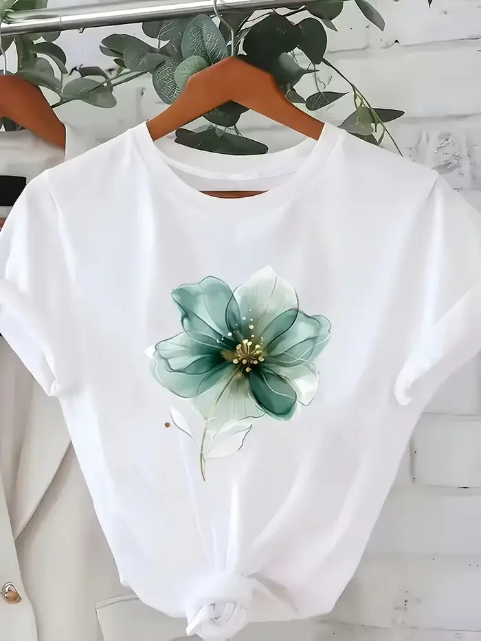 T-shirt à imprimé floral pour femme avec accents dorés - Haut décontracté à manches courtes, tenue p