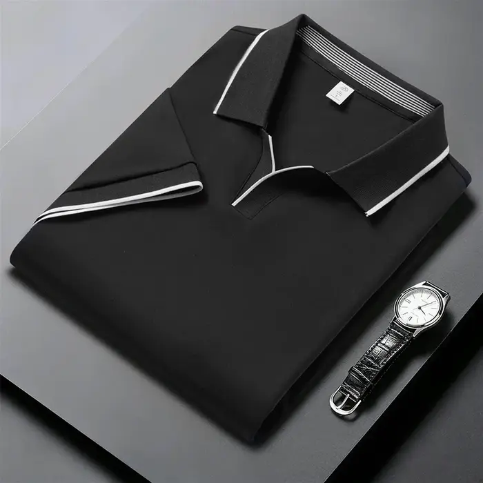 Polo à revers infroissable pour homme, col contrastant, bordure en piping, tissu extensible doux en