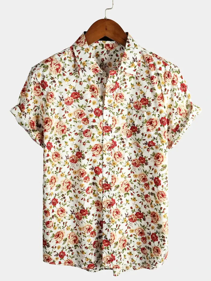 Hommes rayé décontracté vacances à manches courtes Orange été chemise boutonnée chemise hawaïenne ét