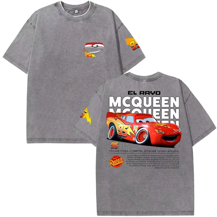 T-shirt Rétro Lightning McQueen Effet Délavé Homme et Femme Coupe Oversize Manches Courtes Motif Voiture Dessin Animé