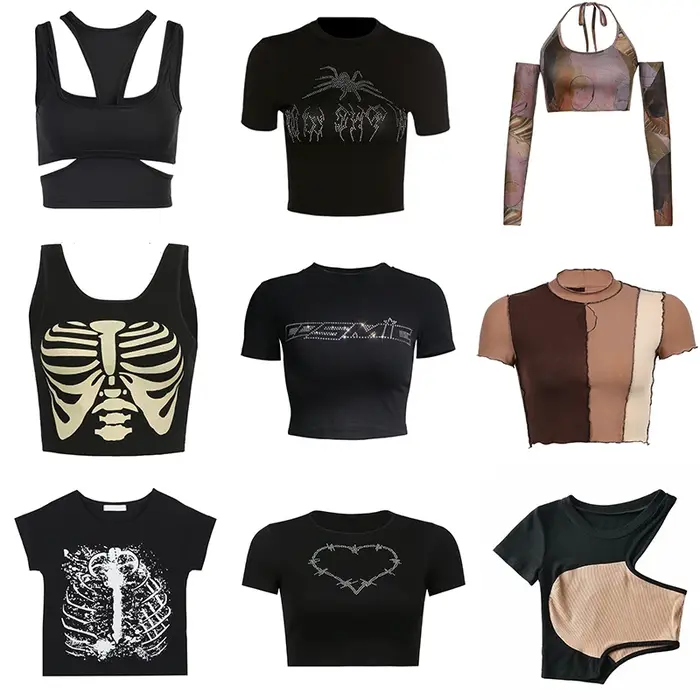 Y2k-T-shirt à Manches Courtes et Col Rond pour Femme, Vêtement d'Été Sexy, Punk, Vintage, Gothique, 