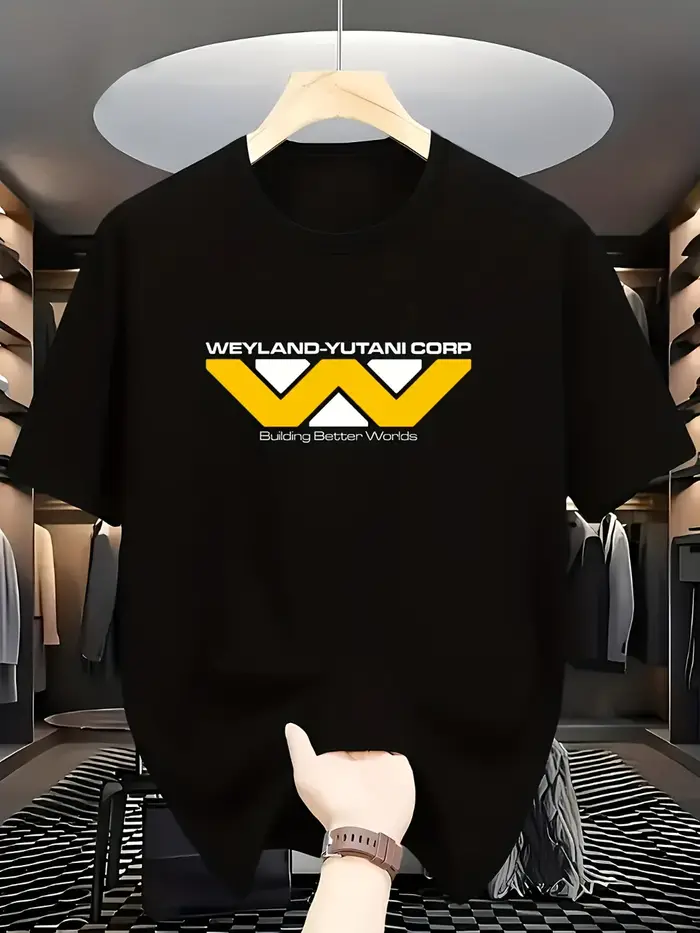 T-shirt blanc pour hommes avec logo et slogan imprimés de "Weyland - Yutani Corp", rendant hommage à