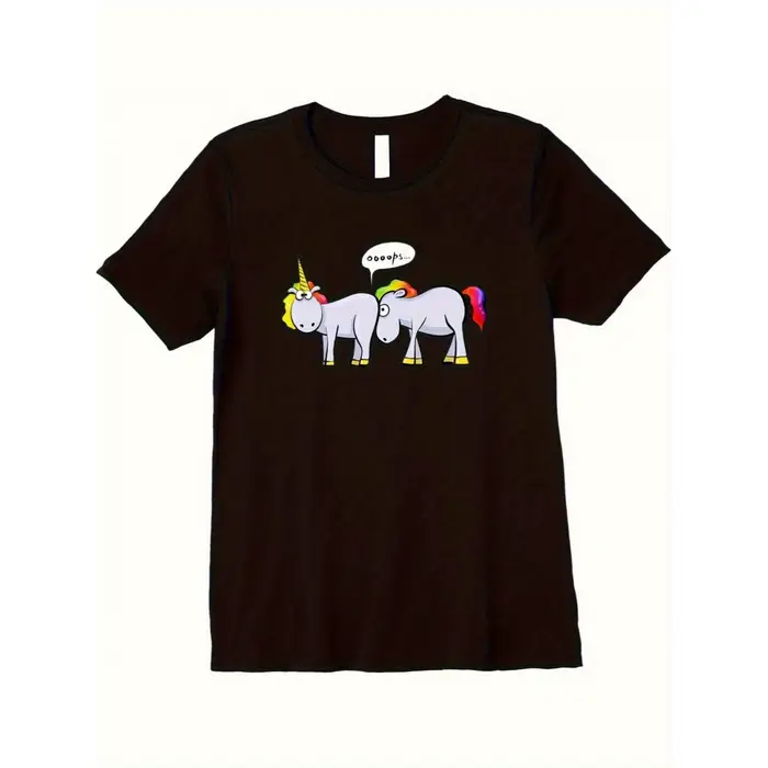 T-shirt unisexe en coton à col rond avec motif drôle d'une licorne qui fait des crottes arc-en-ciel