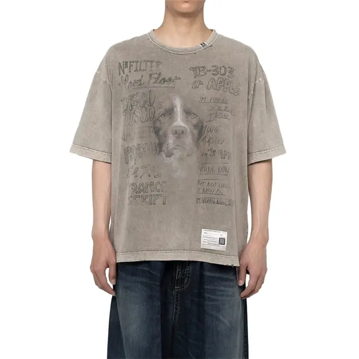 T-shirt à manches courtes pour hommes, col rond dégradé délavé, rétro, décontracté, ample, pour hommes