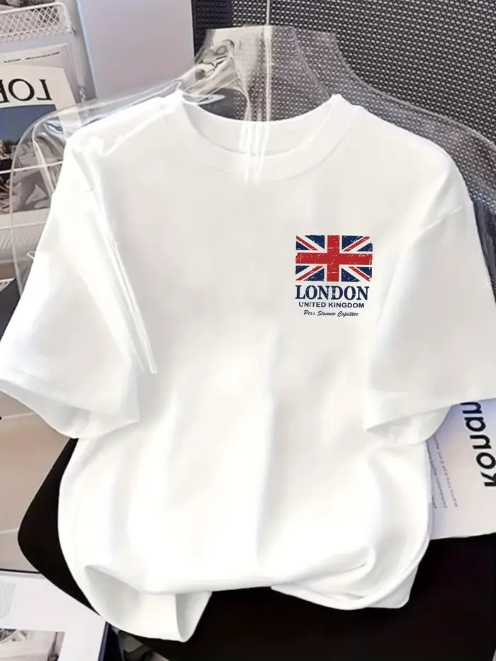 T-shirt élégant pour homme 100 % coton avec motif Union Jack vieilli et texte London