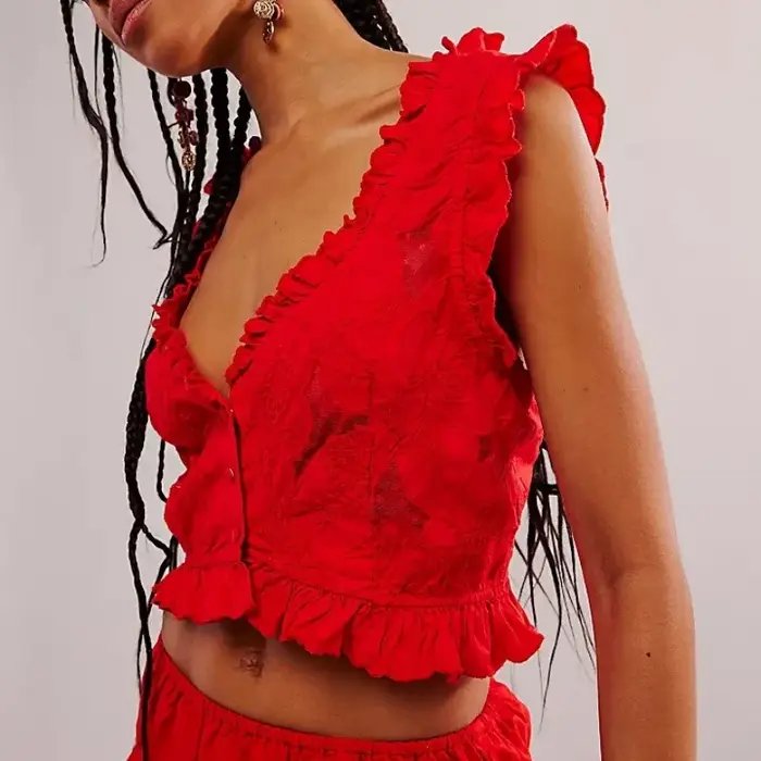 Débardeurs brodés pour femmes Y2K, crop top sans manches, gilet court à volants, hauts d'été rétro floraux, chemisier de soirée