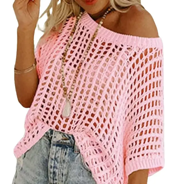 Pull-over sexy à manches trois-quarts ajouré pour femme, collection été 2024, idéal pour la plage, en maille tricotée