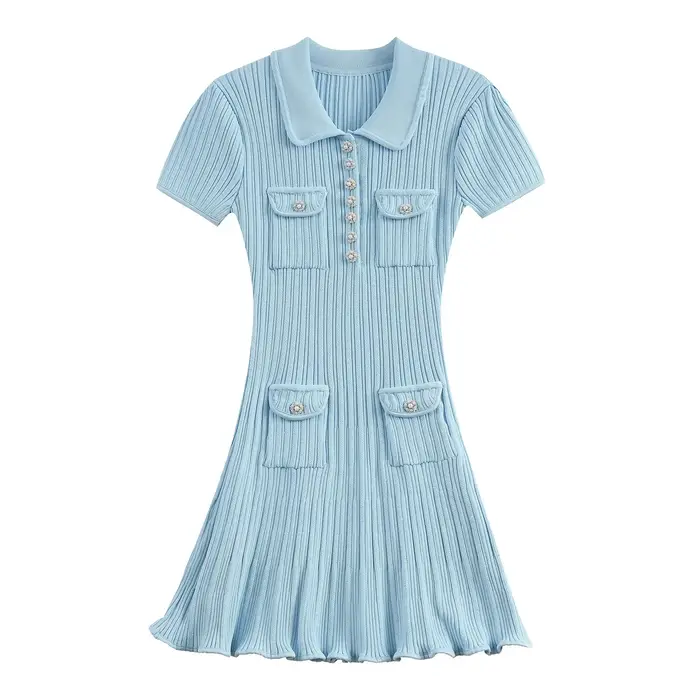 Marque Designer Polo robe tricotée femmes été à manches courtes simple boutonnage fleur bouton tricot pull Mini robes