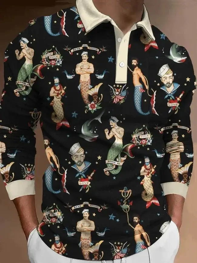 Polo à manches longues imprimé en 3D pour hommes, chemise de marin décontractée, bouton Mermen, ferm