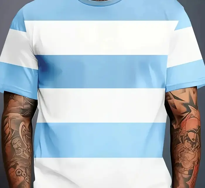 T-shirt rayé polyvalent basique pour hommes | Impression simple bleu clair et blanc | Vêtements multidirectionnels pour