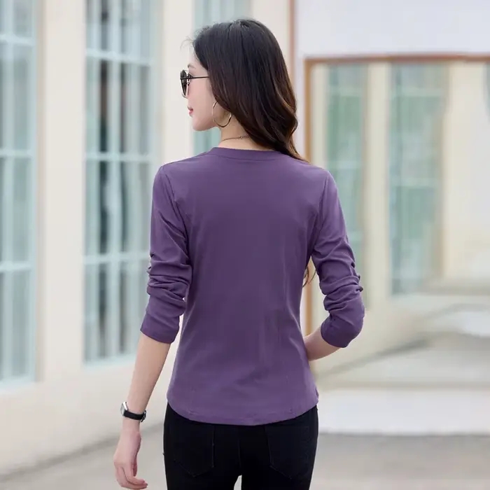 T-shirt à manches longues rouge vin pour femmes printemps et automne nouveau haut de gamme en coton mode grande taille