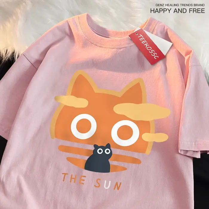Le soleil Orange chat amusant Style japonais homme coton col rond T-Shirt été ample surdimensionné vêtements de haute qualité marque à manches courtes