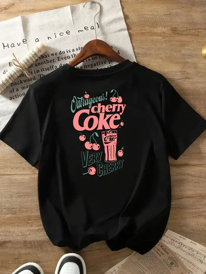 T-shirt graphique vintage Cherry Coke pour femme - Haut à manches courtes et col rond d'inspiration rétro avec motif esthétique sur le devant