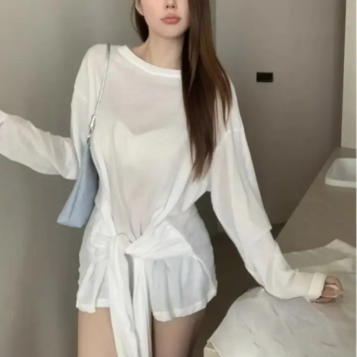Voir à travers la manches longues surdimensionné t-shirt femmes Sexy dos pansement épaules nues haut femme basique longs t-shirts coréen Chic dame nouveau