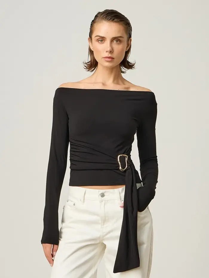 T-shirts à manches longues pour femmes vêtements esthétiques Slash cou haut court glands t-shirt couleur unie Camisetas coupe ajustée Ropa De Mujer
