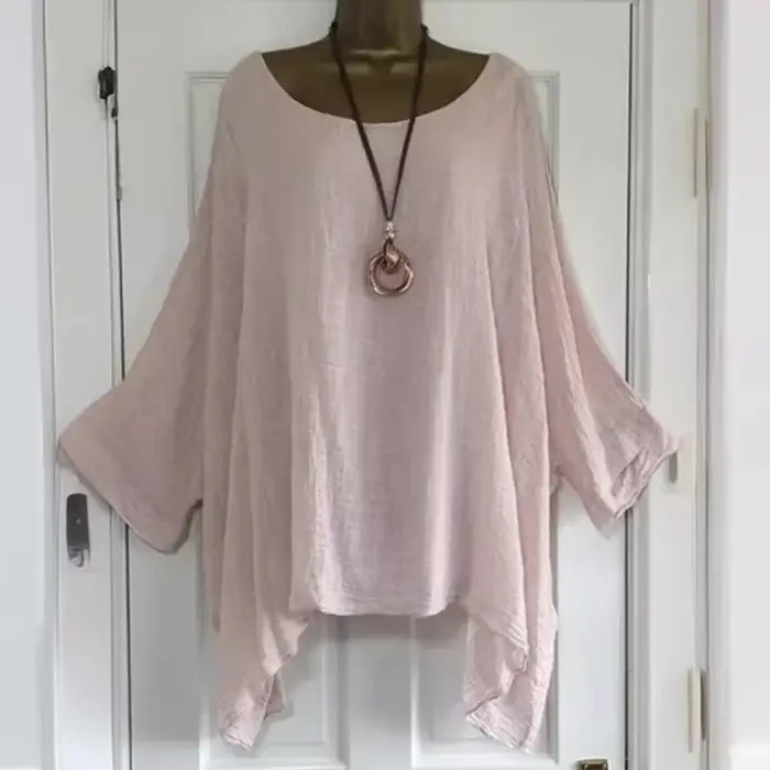 2024 femmes t-shirts grande taille 5XL T-Shirt lin col rond décontracté chemise ample été automne nouveau solide chauve-souris à manches longues