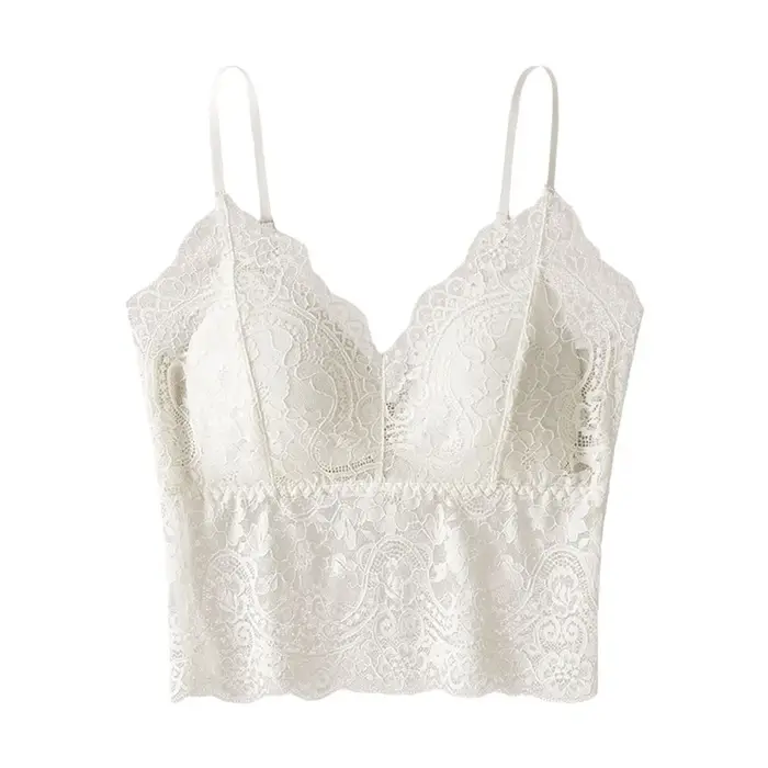 Débardeur court en dentelle française tendance avec coussinets intégrés, sans coutures, pour femme,