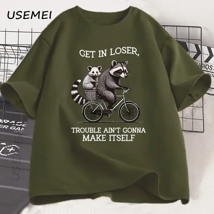 Get in Loser t-shirt drôle raton laveur graphique t-shirts coton à manches courtes imprimé décontracté ample