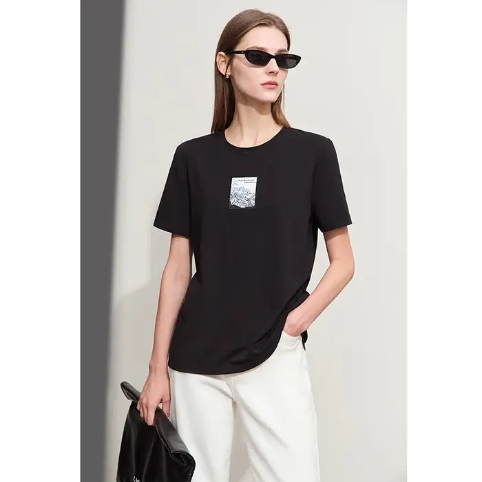 Amii-T-shirt manches courtes col rond femme, décontracté, en coton, avec broderie, minimaliste, à la