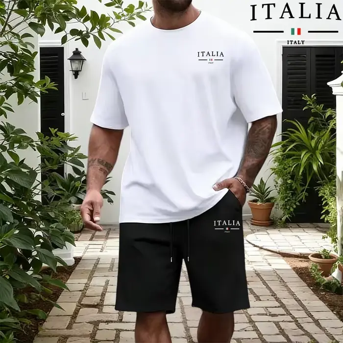 Ensemble Homme Mode Italienne : T-shirts en Coton Pur et Shorts Longueur Genou – Tenue Décontractée Sportive Quotidienne d'Été