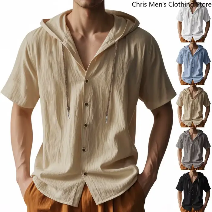 Chemise à capuche à manches courtes en lin pour hommes-T-Shirt de vacances léger et confortable haut vêtements pour hommes