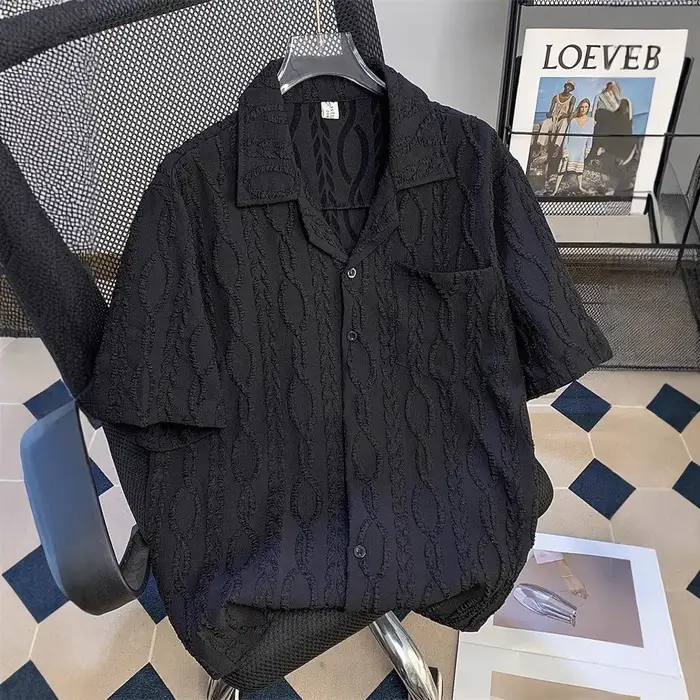 Chemise de plage ample à col cubain texturé à manches courtes pour homme – Tissu mélangé décontracté d'été à haute résistance des couleurs – Mode jeune