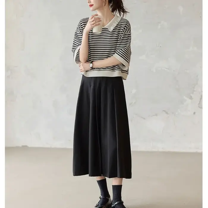 Polo rayé noir et blanc pour femme, manches 3/4, coupe ample, haut décontracté