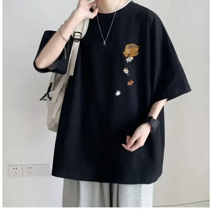 M-8XL hommes surdimensionné mode coréenne ample américain Vintage Carton chaton imprimé à manches co