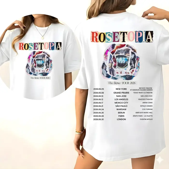 T-shirt graphique The Rose ROSETOPIA Tour 2026, vintage, effet papier déchiré, collage de roses, sur