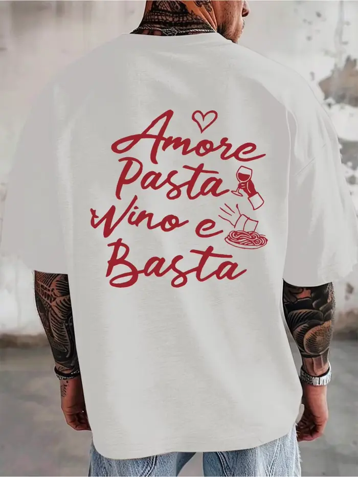 T-shirt pour homme sur le thème du vin italien, imprimé spaghetti avec slogan italien « Amore Pasta 