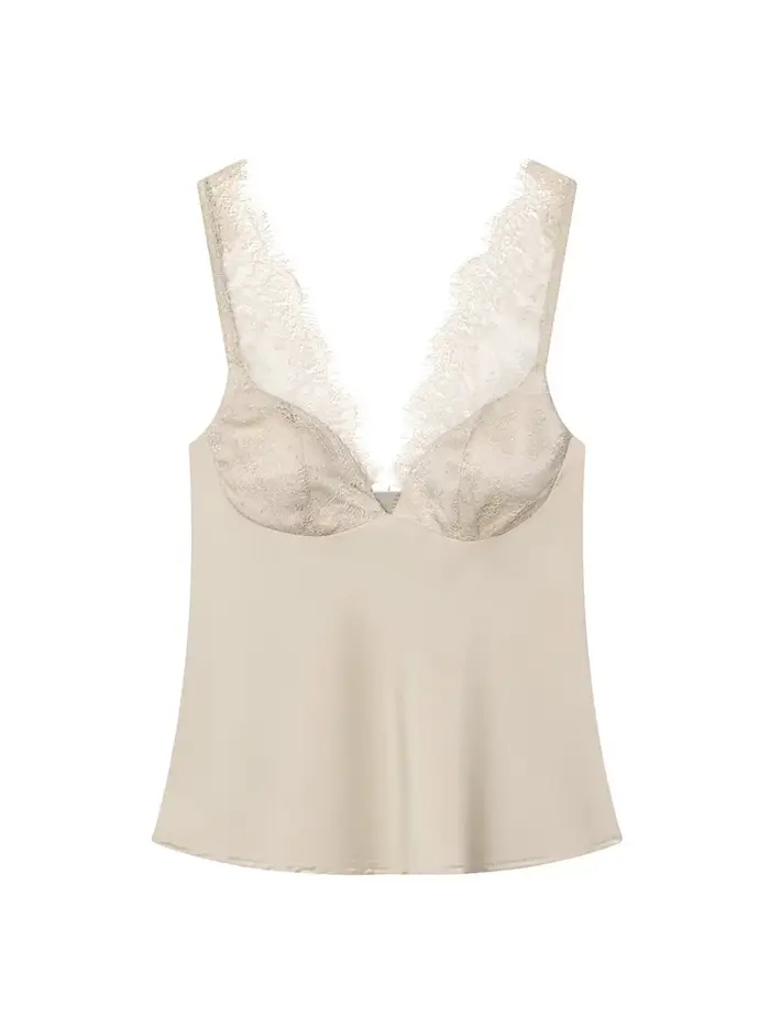 HH Femme Mode Décoration en dentelle Haut court uni Sexy Sans manches Dos nu Col en V Fermeture éclair latérale Texture satinée 3 couleurs Hauts d'été